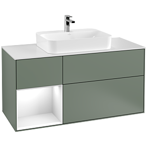 Villeroy et Boch Finion Villeroy et Boch G411GFGM 120cm, plaque de finition blanc mat, Emotion, étagère gauche laqué blanc brillant, Olive Matt Lacquer