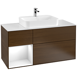 Villeroy et Boch Finion Villeroy et Boch G411GFGN 120cm, plaque de finition blanc mat, émotion, étagère à gauche laqué blanc brillant, placage noyer