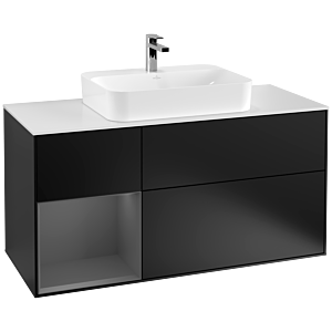 Villeroy et Boch Finion Villeroy et Boch G411GKPD 120cm, plaque de recouvrement blanc mat, Emotion, étagère gauche Anthracite mat, Laque noire mat