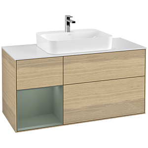 Villeroy et Boch Finion Villeroy et Boch G411GMPC 120cm, plaque de finition blanc mat, émotion, étagère à gauche Olive Matt Lacquer , Oak Veneer