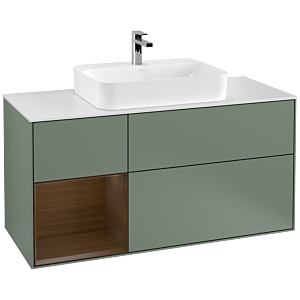 Villeroy und Boch Finion Waschtischunterschrank G411GNGM 120cm, Abdeckplatte white matt, Emotion, Regal links Walnut veneer, Olive Matt Lacquer