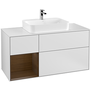 Villeroy und Boch Finion Waschtischunterschrank G411GNMT 120cm, Abdeckplatte white matt, Emotion, Regal links Walnut veneer, White matt lacquer