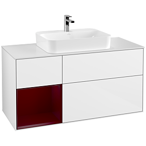 Villeroy und Boch Finion Waschtischunterschrank G411HBGF 120cm, Abdeckplatte white matt, Emotion, Regal links Peony, Glossy white lacquer