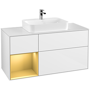 Villeroy und Boch Finion Waschtischunterschrank G411HFGF 120cm, Abdeckplatte white matt, Emotion, Regal links Gold matt, Glossy white lacquer