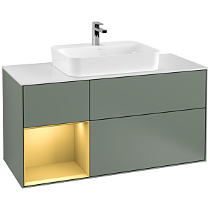 Villeroy et Boch Finion Villeroy et Boch G411HFGM 120cm, plaque de recouvrement blanc mat, Emotion, étagère gauche or mat, Olive Matt Lacquer