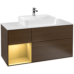 Villeroy et Boch Finion Villeroy et Boch G411HFGN 120cm, plaque de recouvrement blanc mat, émotion, étagère gauche or mat, placage noyer