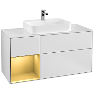 Villeroy und Boch Finion Waschtischunterschrank G411HFMT 120cm, Abdeckplatte white matt, Emotion, Regal links Gold matt, White matt lacquer