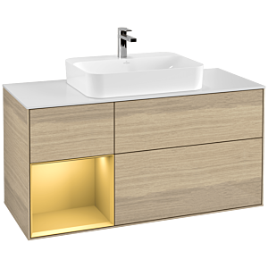 Villeroy et Boch Finion Villeroy et Boch G411HFPC 120cm, plaque de finition blanc mat, Emotion, étagère gauche or mat, Oak Veneer