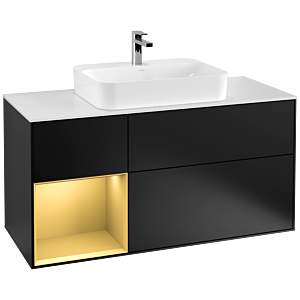 Villeroy et Boch Finion Villeroy et Boch G411HFPD 120cm, plaque de recouvrement blanc mat, Emotion, étagère gauche or mat, laqué noir mat