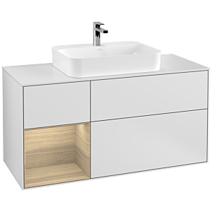 Villeroy und Boch Finion Waschtischunterschrank G411PCMT 120cm, Abdeckplatte white matt, Emotion, Regal links Oak Veneer, White matt lacquer