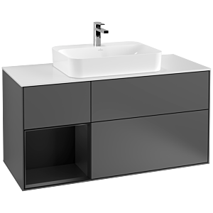 Villeroy und Boch Finion Waschtischunterschrank G411PDGK 120cm, Abdeckplatte white matt, Emotion, Regal links Black matt lacquer, Anthracite matt