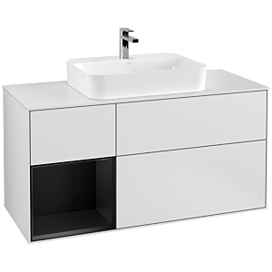 Villeroy et Boch Finion Villeroy et Boch G411PDMT 120cm, plaque de finition blanc mat, Emotion, étagère à gauche laqué noir mat, laqué blanc mat