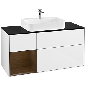 Villeroy und Boch Finion Waschtischunterschrank G412GNGF 120cm, Abdeckplatte black matt, Emotion, Regal links Walnut veneer, Glossy white lacquer