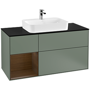 Villeroy und Boch Finion Waschtischunterschrank G412GNGM 120cm, Abdeckplatte black matt, Emotion, Regal links Walnut veneer, Olive Matt Lacquer