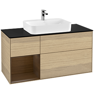 Villeroy und Boch Finion Waschtischunterschrank G412GNPC 120cm, Abdeckplatte black matt, Emotion, Regal links Walnut veneer, Oak Veneer