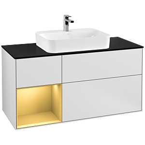 Villeroy und Boch Finion Waschtischunterschrank G412HFMT 120cm, Abdeckplatte black matt, Emotion, Regal links Gold matt, White matt lacquer