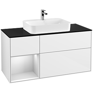 Villeroy et Boch Finion Villeroy et Boch G412MTGF 120cm, plaque de finition noir mat, Emotion, étagère gauche laqué blanc mat, laqué blanc brillant