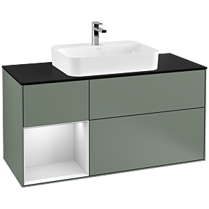 Villeroy und Boch Finion Waschtischunterschrank G412MTGM 120cm, Abdeckplatte black matt, Emotion, Regal links White matt lacquer, Olive Matt Lacquer