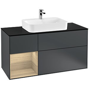 Villeroy und Boch Finion Waschtischunterschrank G412PCHG 120cm, Abdeckplatte black matt, Emotion, Regal links Oak Veneer, Midnight Blue Matt Lacquer