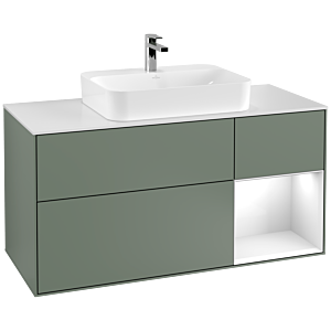 Villeroy et Boch Finion Villeroy et Boch G421GFGM 120cm, plaque de finition blanc mat, emotion, étagère à droite blanc brillant, Olive Matt Lacquer