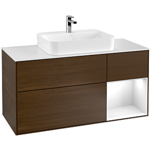 Villeroy et Boch Finion Villeroy et Boch G421GFGN 120cm, plaque de finition blanc mat, émotion, étagère à droite blanc brillant, placage noyer