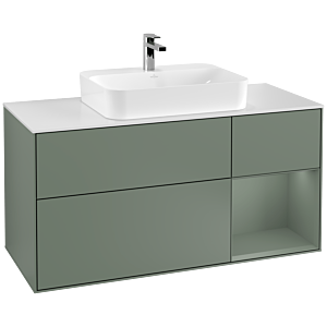 Villeroy und Boch Finion Waschtischunterschrank G421GMGM 120cm, Abdeckplatte white matt, Emotion, Regal rechts Olive matt, Olive Matt Lacquer
