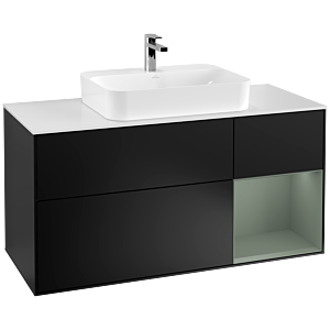 Villeroy und Boch Finion Waschtischunterschrank G421GMPD 120cm, Abdeckplatte white matt, Emotion, Regal rechts Olive matt, Black matt lacquer