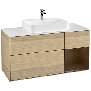 Villeroy und Boch Finion Waschtischunterschrank G421GNPC 120cm, Abdeckplatte white matt, Emotion, Regal rechts Walnut veneer, Oak Veneer