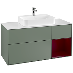 Villeroy und Boch Finion Waschtischunterschrank G421HBGM 120cm, Abdeckplatte white matt, Emotion, Regal rechts Peony matt, Olive Matt Lacquer