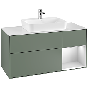 Villeroy et Boch Finion Villeroy et Boch G421MTGM 120cm, couvercle blanc mat, Emotion, étagère droite blanc mat, Olive Matt Lacquer