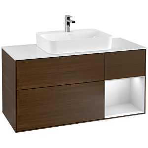 Villeroy et Boch Finion Villeroy et Boch G421MTGN 120cm, plaque de recouvrement blanc mat, Emotion, étagère à droite blanc mat, placage noyer