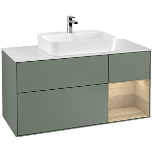 Villeroy und Boch Finion Waschtischunterschrank G421PCGM 120cm, Abdeckplatte white matt, Emotion, Regal rechts Oak veneer, Olive Matt Lacquer