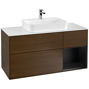 Villeroy et Boch Finion Villeroy et Boch G421PDGN 120cm, plaque de recouvrement blanc mat, émotion, étagère à droite noir mat, placage noyer