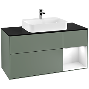 Villeroy et Boch Finion Villeroy et Boch G422GFGM 120cm, plaque de finition noir mat, Emotion, étagère à droite Blanc brillant, Olive Matt Lacquer