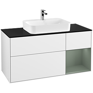 Villeroy and Boch Finion Villeroy and Boch Finion G422GMGF 120cm, cover plate black matt, Emotion, shelf on the right olive matt, Glossy white lacquer