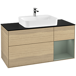 Villeroy und Boch Finion Waschtischunterschrank G422GMPC 120cm, Abdeckplatte black matt, Emotion, Regal rechts Olive matt, Oak Veneer