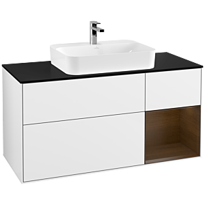 Villeroy und Boch Finion Waschtischunterschrank G422GNGF 120cm, Abdeckplatte black matt, Emotion, Regal rechts Walnut veneer, Glossy white lacquer