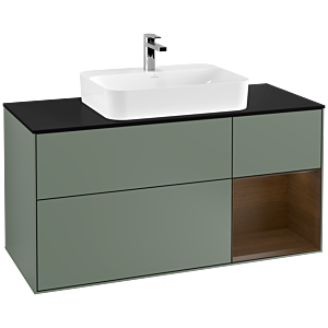 Villeroy und Boch Finion Waschtischunterschrank G422GNGM 120cm, Abdeckplatte black matt, Emotion, Regal rechts Walnut veneer, Olive Matt Lacquer