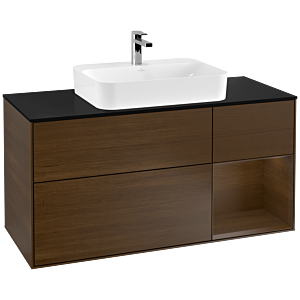 Villeroy und Boch Finion Waschtischunterschrank G422GNGN 120cm, Abdeckplatte black matt, Emotion, Regal rechts Walnut veneer, Walnut veneer