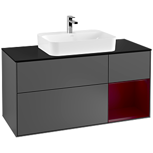 Villeroy und Boch Finion Waschtischunterschrank G422HBGK 120cm, Abdeckplatte black matt, Emotion, Regal rechts Peony matt, Anthracite matt