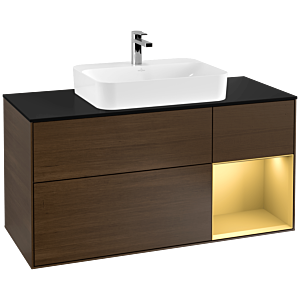 Villeroy und Boch Finion Waschtischunterschrank G422HFGN 120cm, Abdeckplatte black matt, Emotion, Regal rechts Gold matt, Walnut veneer