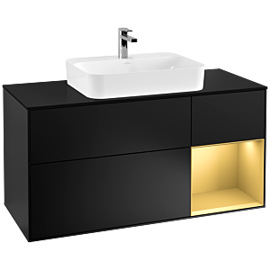 Villeroy und Boch Finion Waschtischunterschrank G422HFPD 120cm, Abdeckplatte black matt, Emotion, Regal rechts Gold matt, Black matt lacquer
