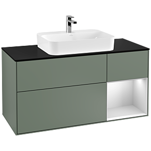Villeroy und Boch Finion Waschtischunterschrank G422MTGM 120cm, Abdeckplatte black matt, Emotion, Regal rechts White matt, Olive Matt Lacquer