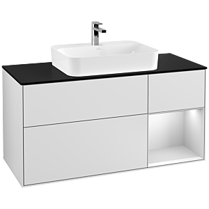 Villeroy et Boch Finion Villeroy et Boch G422MTMT 120cm, plaque de finition noir mat, Emotion, étagère à droite blanc mat, laqué blanc mat