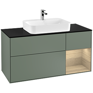 Villeroy und Boch Finion Waschtischunterschrank G422PCGM 120cm, Abdeckplatte black matt, Emotion, Regal rechts Oak veneer, Olive Matt Lacquer