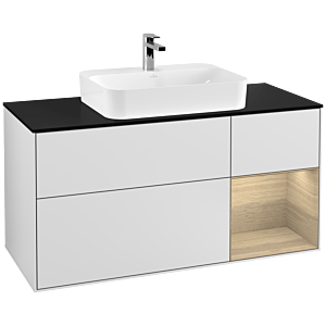 Villeroy und Boch Finion Waschtischunterschrank G422PCMT 120cm, Abdeckplatte black matt, Emotion, Regal rechts Oak veneer, White matt lacquer