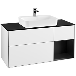 Villeroy and Boch Finion Villeroy and Boch Finion G422PDGF 120cm, cover plate black matt, Emotion, shelf on the right black matt, Glossy white lacquer