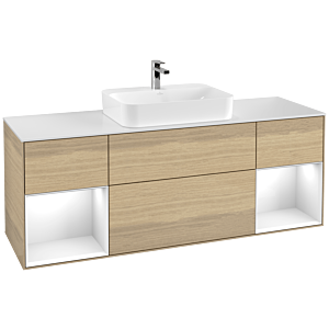 Villeroy und Boch Finion Waschtischunterschrank G451GFPC 160cm, Abdeckplatte white matt, Emotion, Regale Glossy white lacquer, Oak Veneer