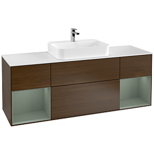 Villeroy und Boch Finion Waschtischunterschrank G451GMGN 160cm, Abdeckplatte white matt, Emotion, Regale Olive matt lacquer, Walnut veneer