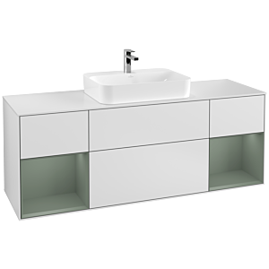 Villeroy und Boch Finion Waschtischunterschrank G451GMMT 160cm, Abdeckplatte white matt, Emotion, Regale Olive matt lacquer, White matt lacquer